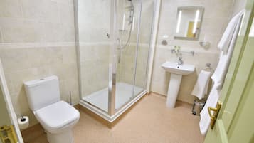A bathroom with a toilet, a glass-enclosed shower, a sink, and a mirror.