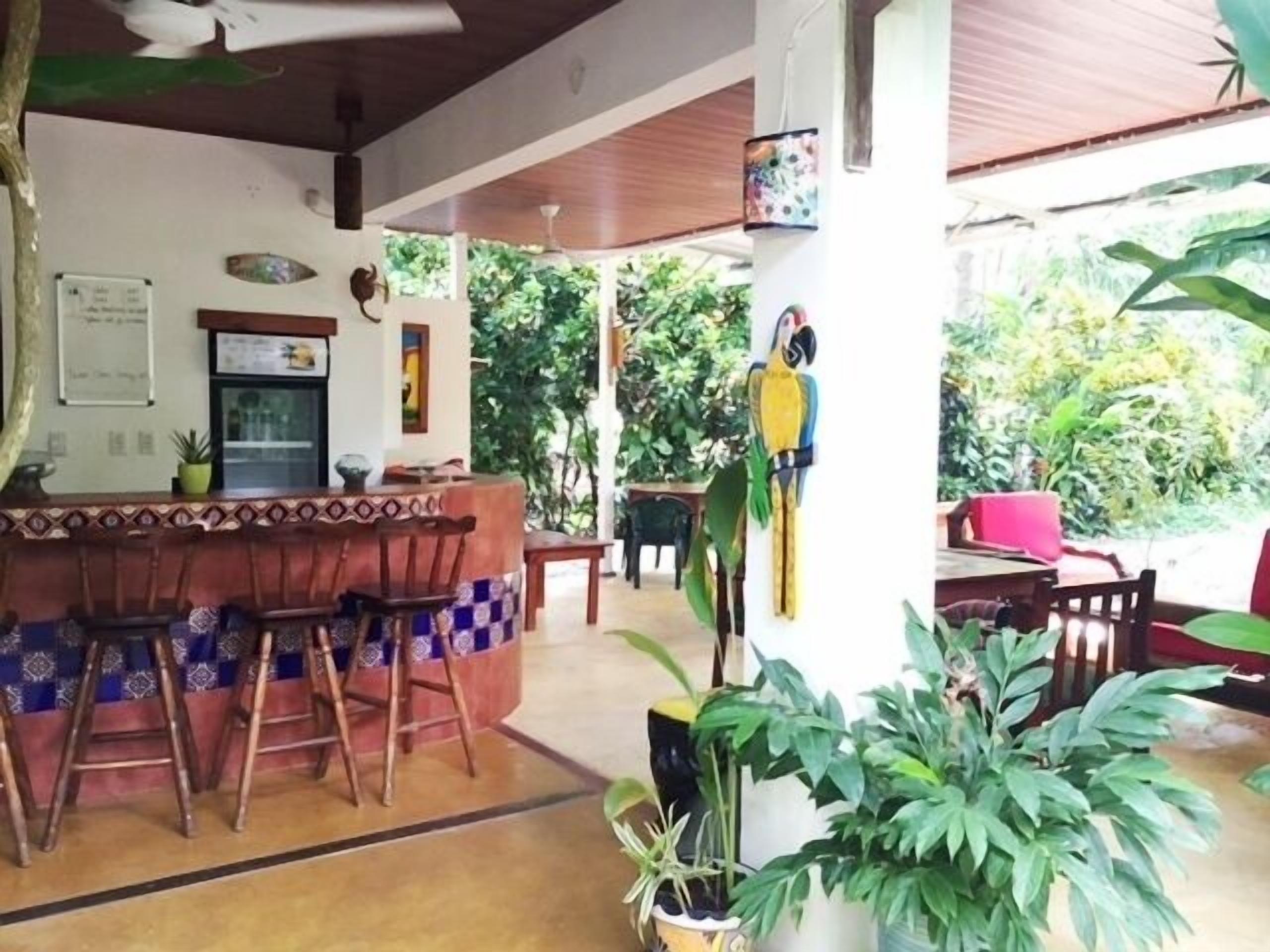 Uma área externa coberta com um bar, cadeiras de madeira e plantas em vasos.