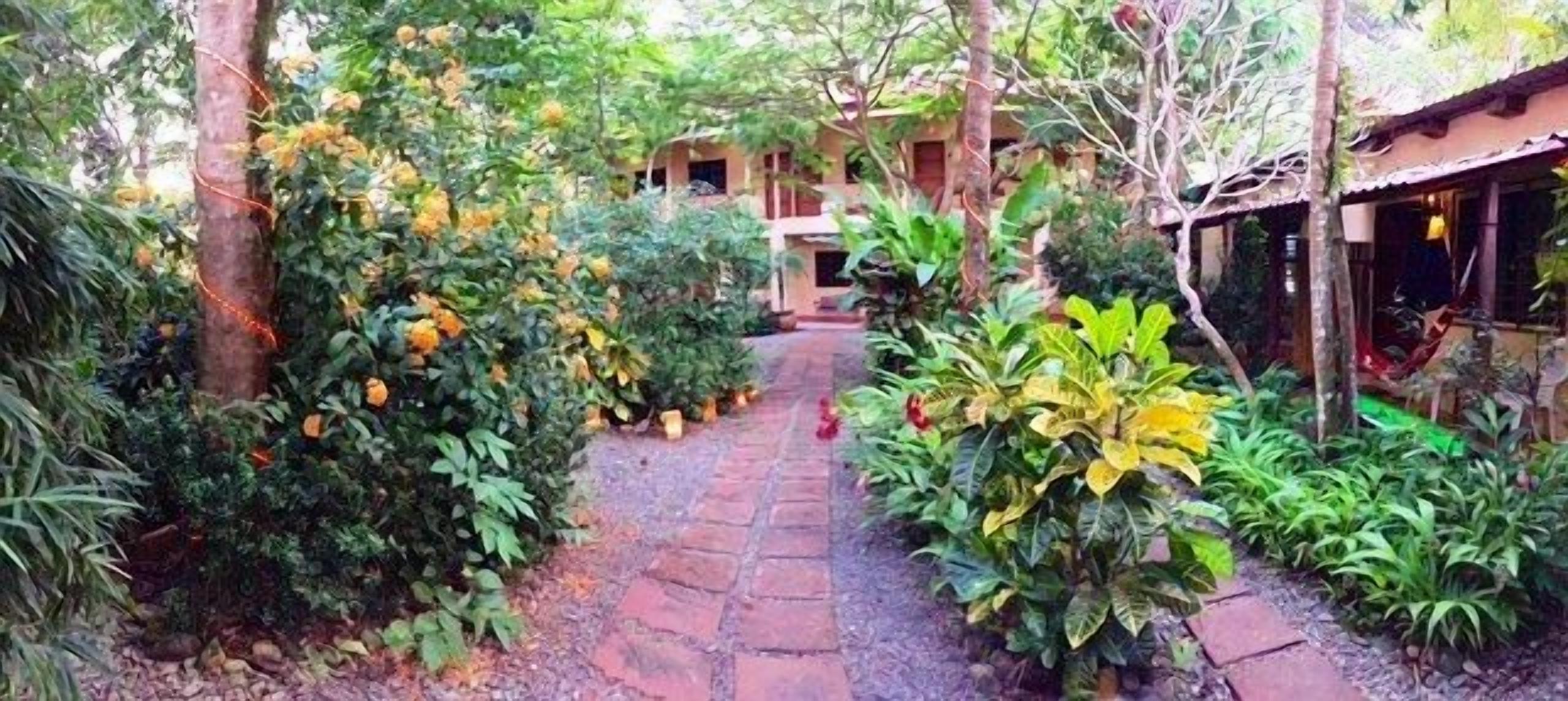 A garden pathway leading to a building with a brick floor and surrounded by lush greenery and flowering plants.