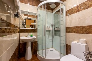 Shower, free toiletries, hair dryer, bathrobes