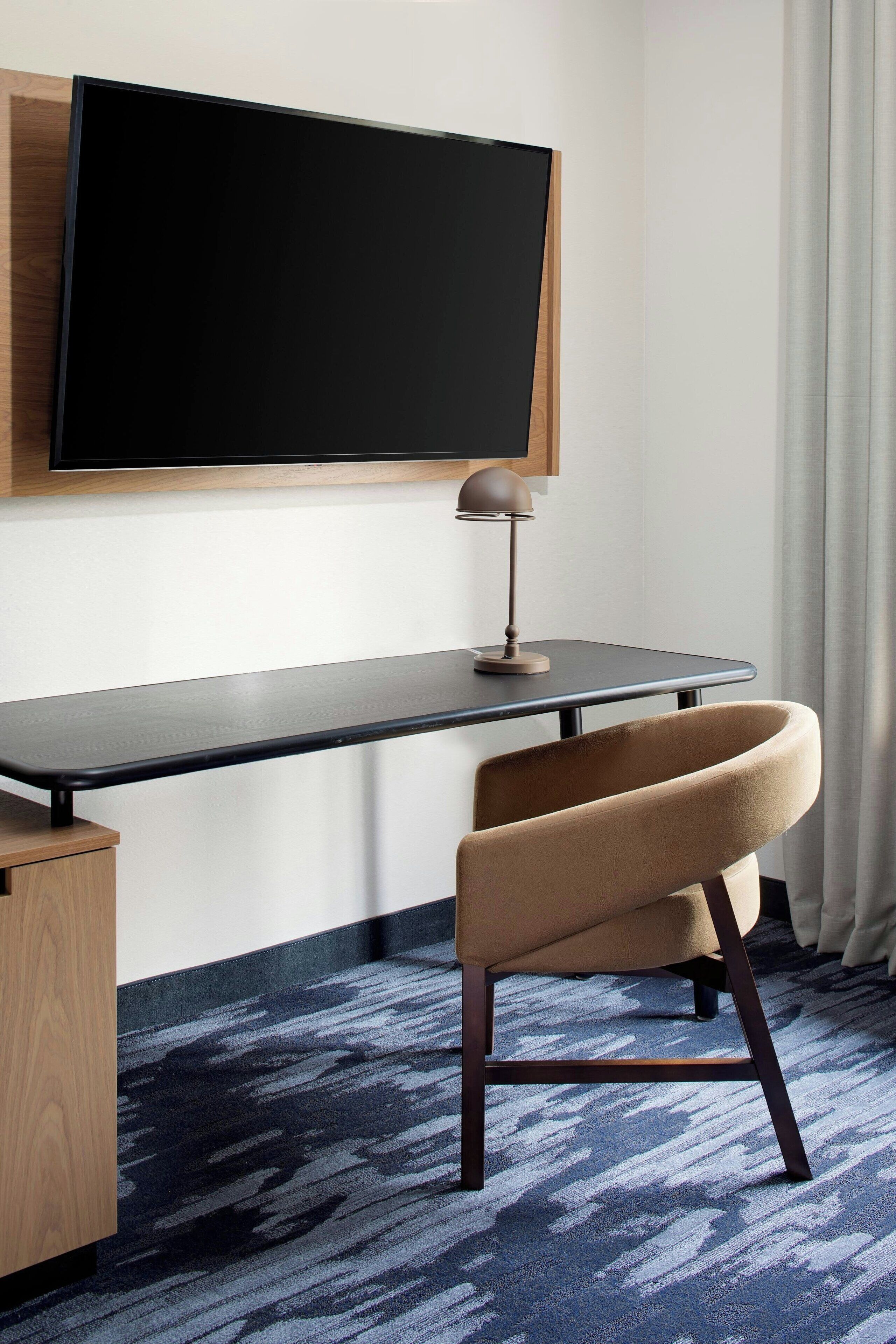 premium bedding, desk, laptop workspace, blackout curtains