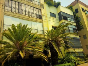 Stylish building with modern architecture and large windows.