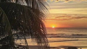 A sunset over the ocean with palm trees in the foreground. - Nayal Lodge (León)