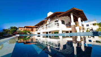 Outdoor pool, pool umbrellas, pool loungers