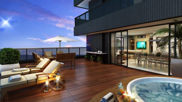 A modern hotel with a pool, outdoor seating, and a view of the ocean. - Grupo Vip Landscape Fortaleza (Fortaleza)