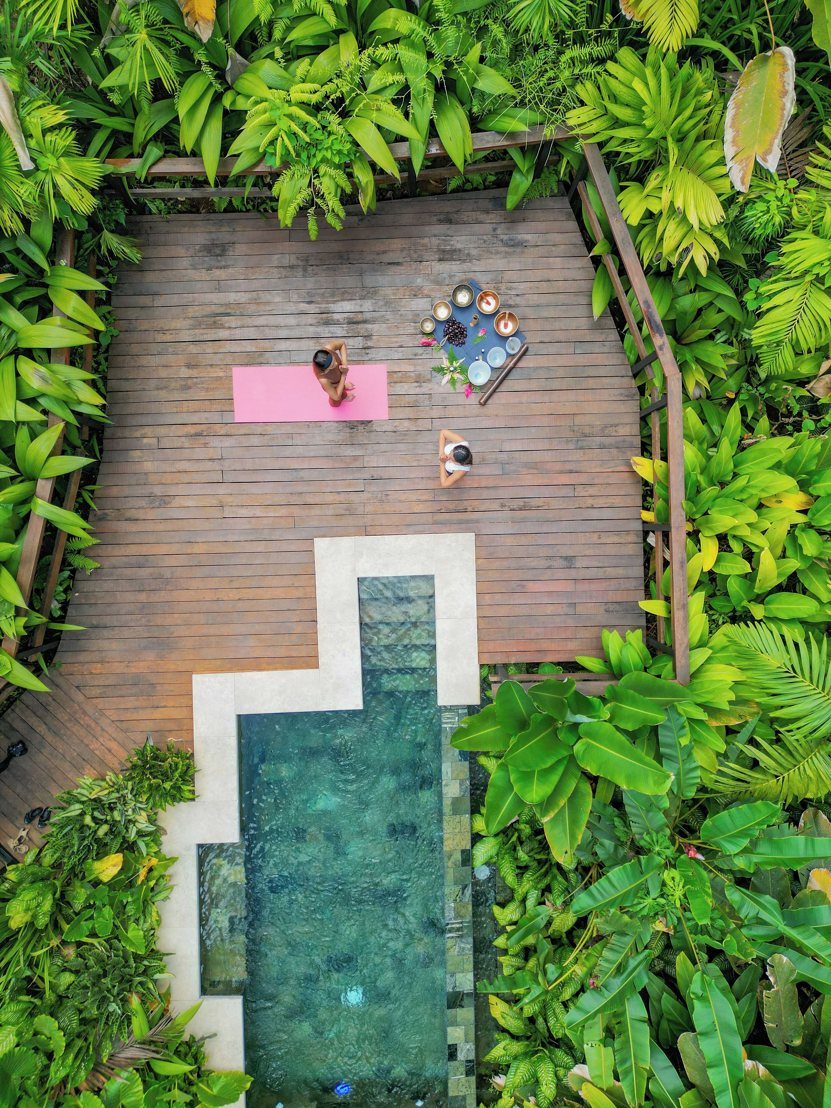 An aerial view of a wooden deck with a pool, surrounded by lush tropical plants.