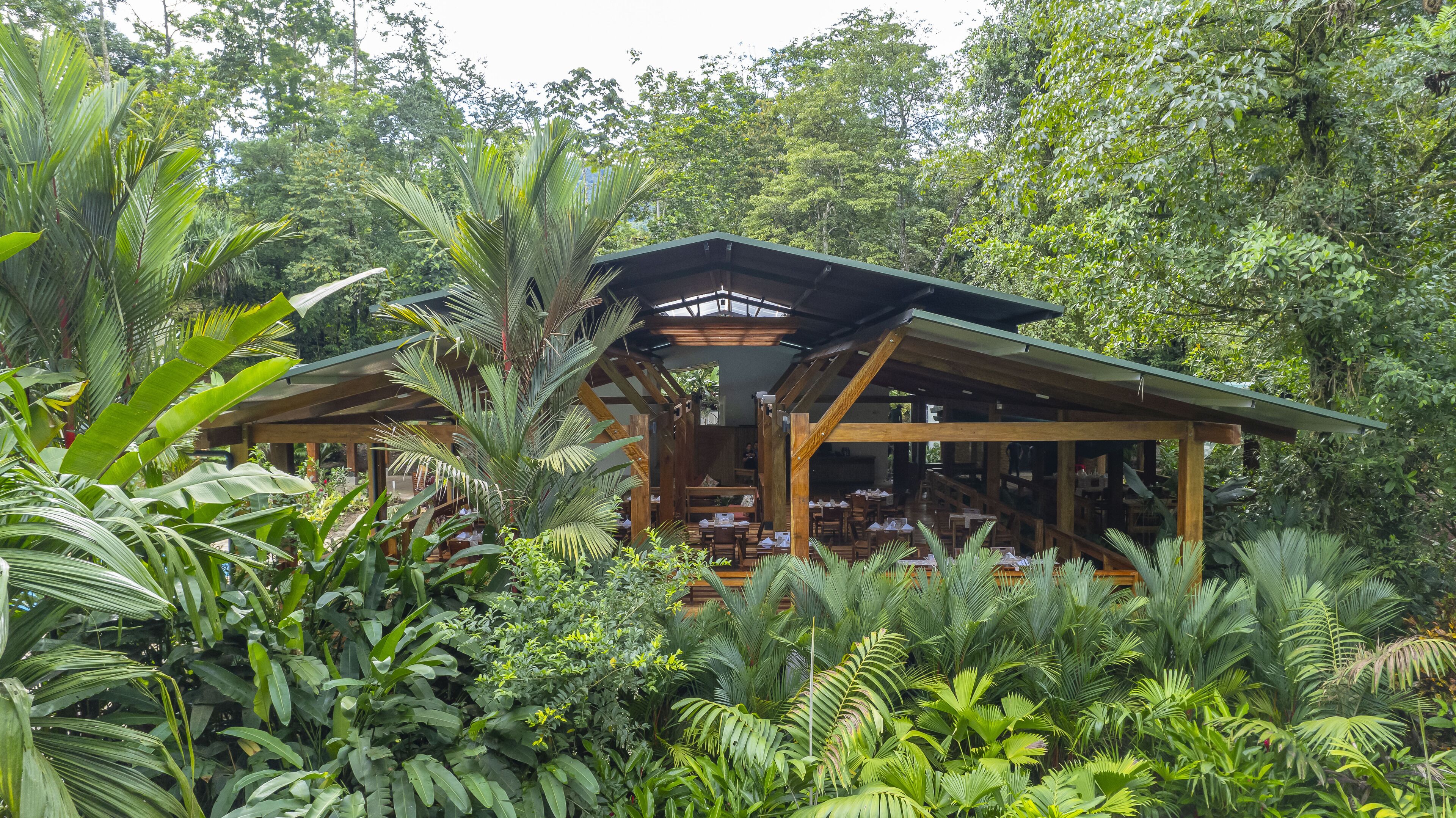 A wooden structure with multiple dining tables and chairs, surrounded by dense tropical foliage.