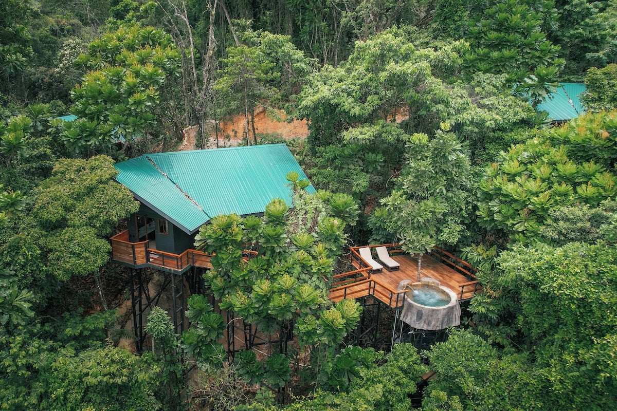 A treehouse with a green roof, wooden deck, and a hot tub.