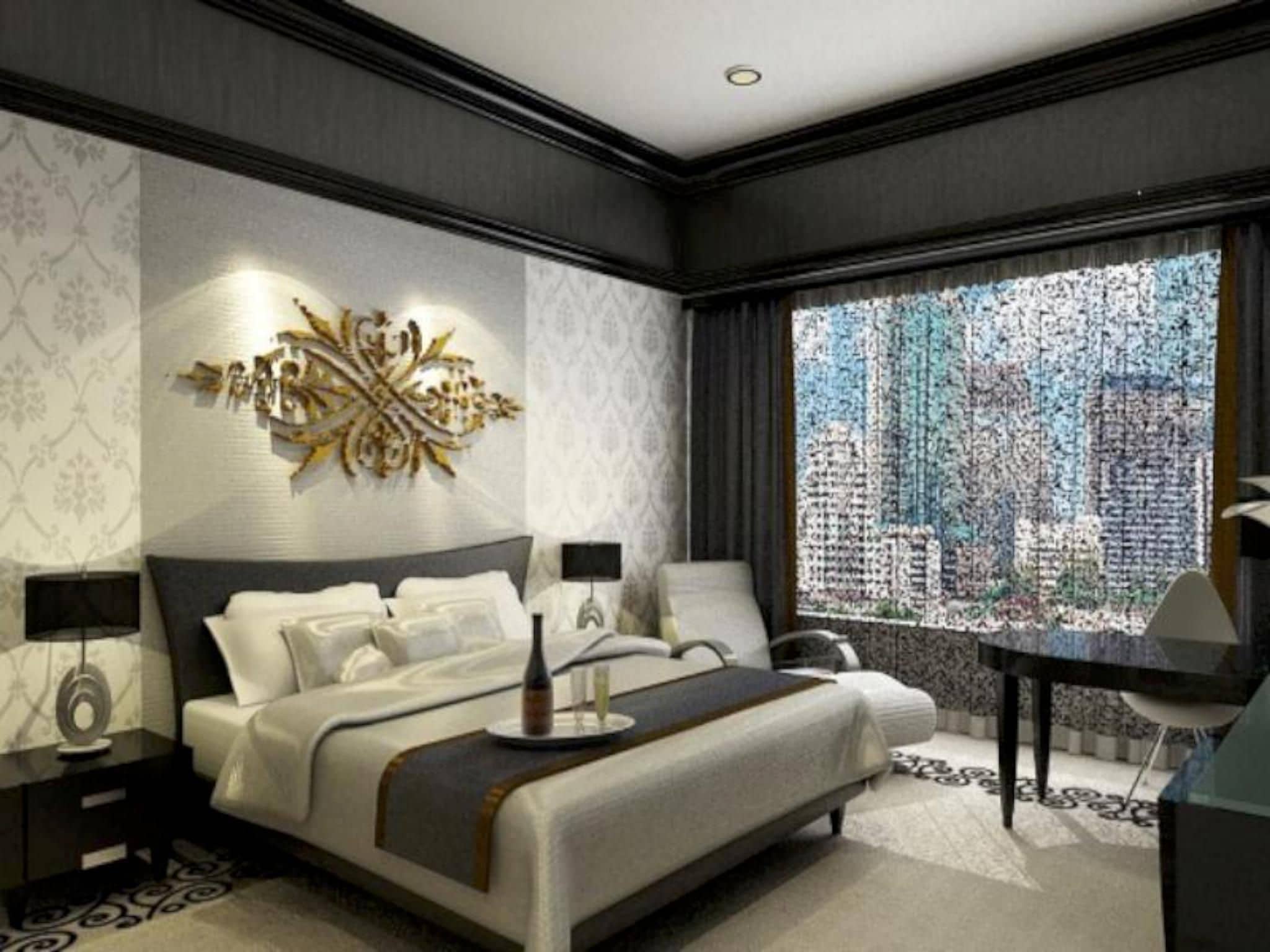 A modern hotel room with a large bed, a desk, and a view of a cityscape through a patterned window.
