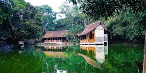 A traditional wooden house with a tiled roof, surrounded by lush greenery and a calm body of water.