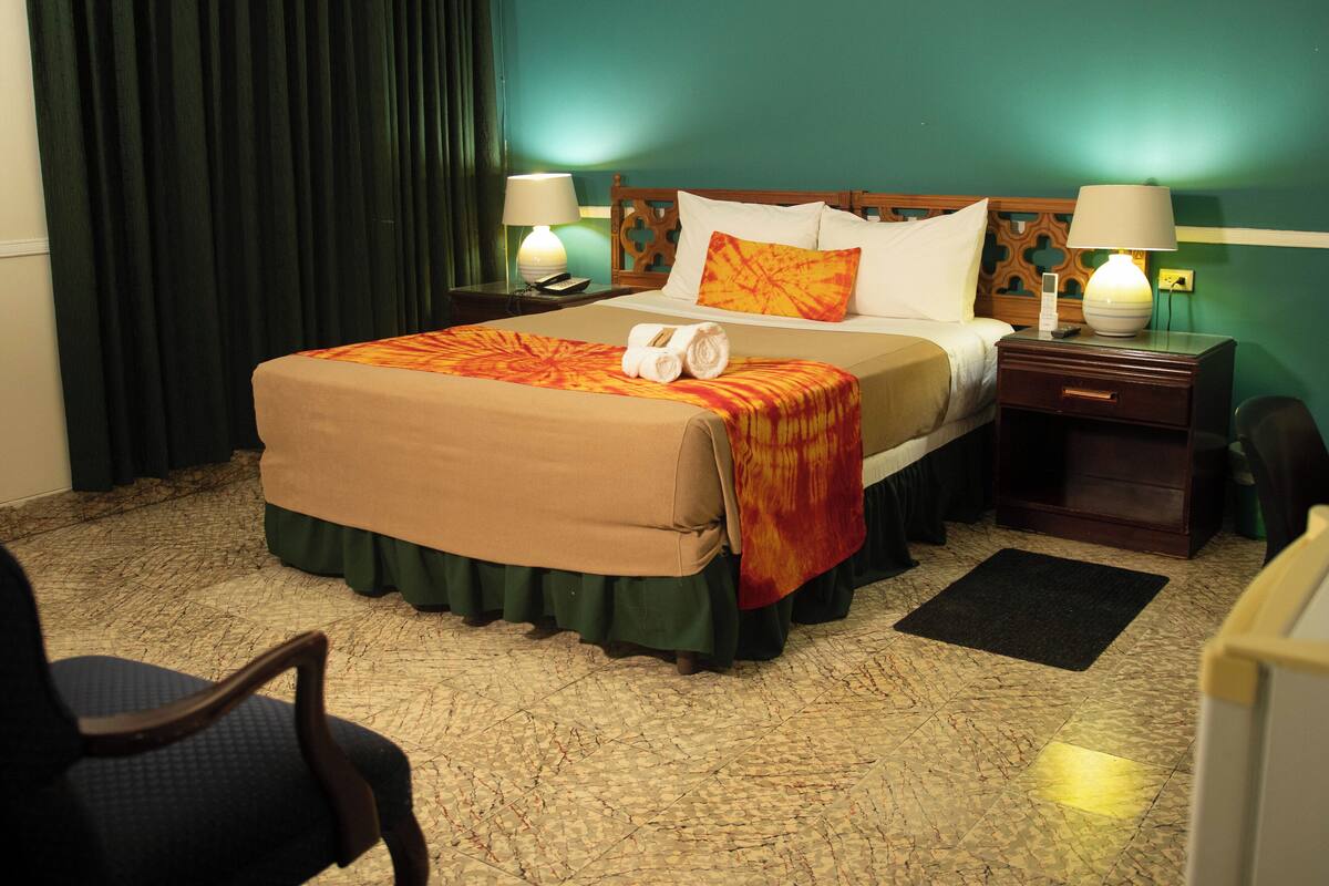 Habitación de hotel con cama, dos mesitas de noche con lámparas, una silla y suelo alfombrado.