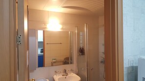 Shower, hair dryer, towels