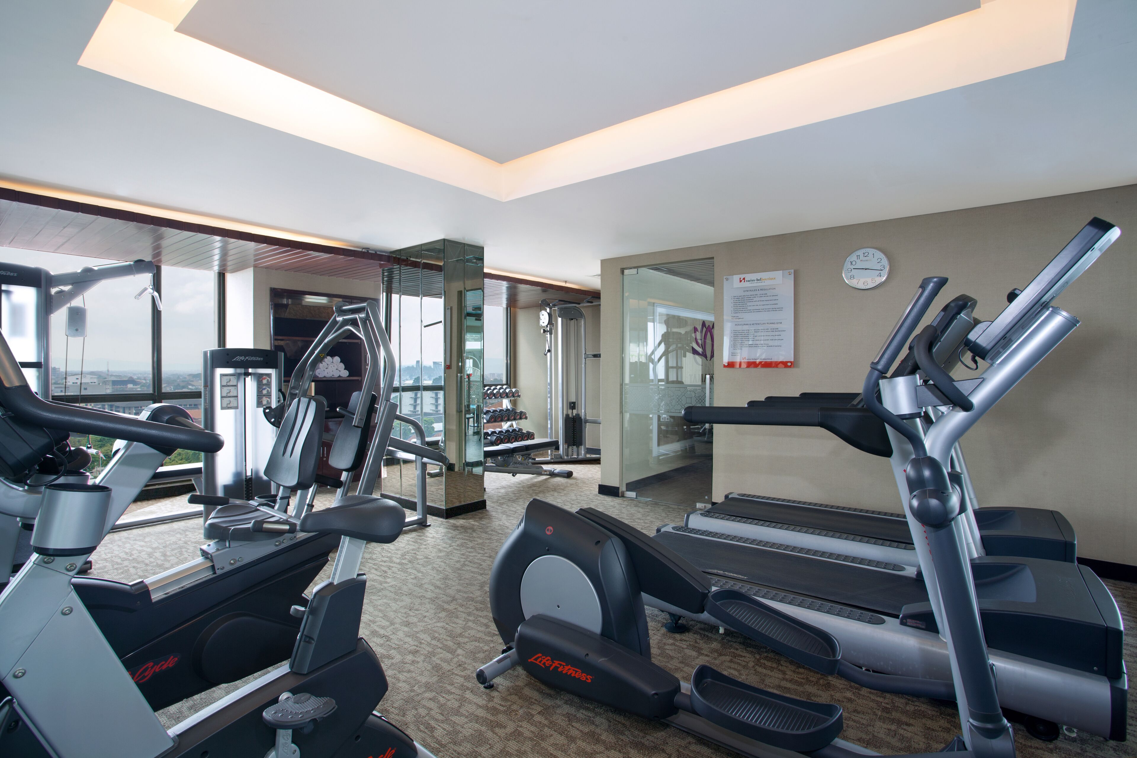 A hotel gym with cardio machines, weight equipment, and a view of the city.