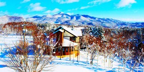 A snow-covered landscape with a house surrounded by trees.