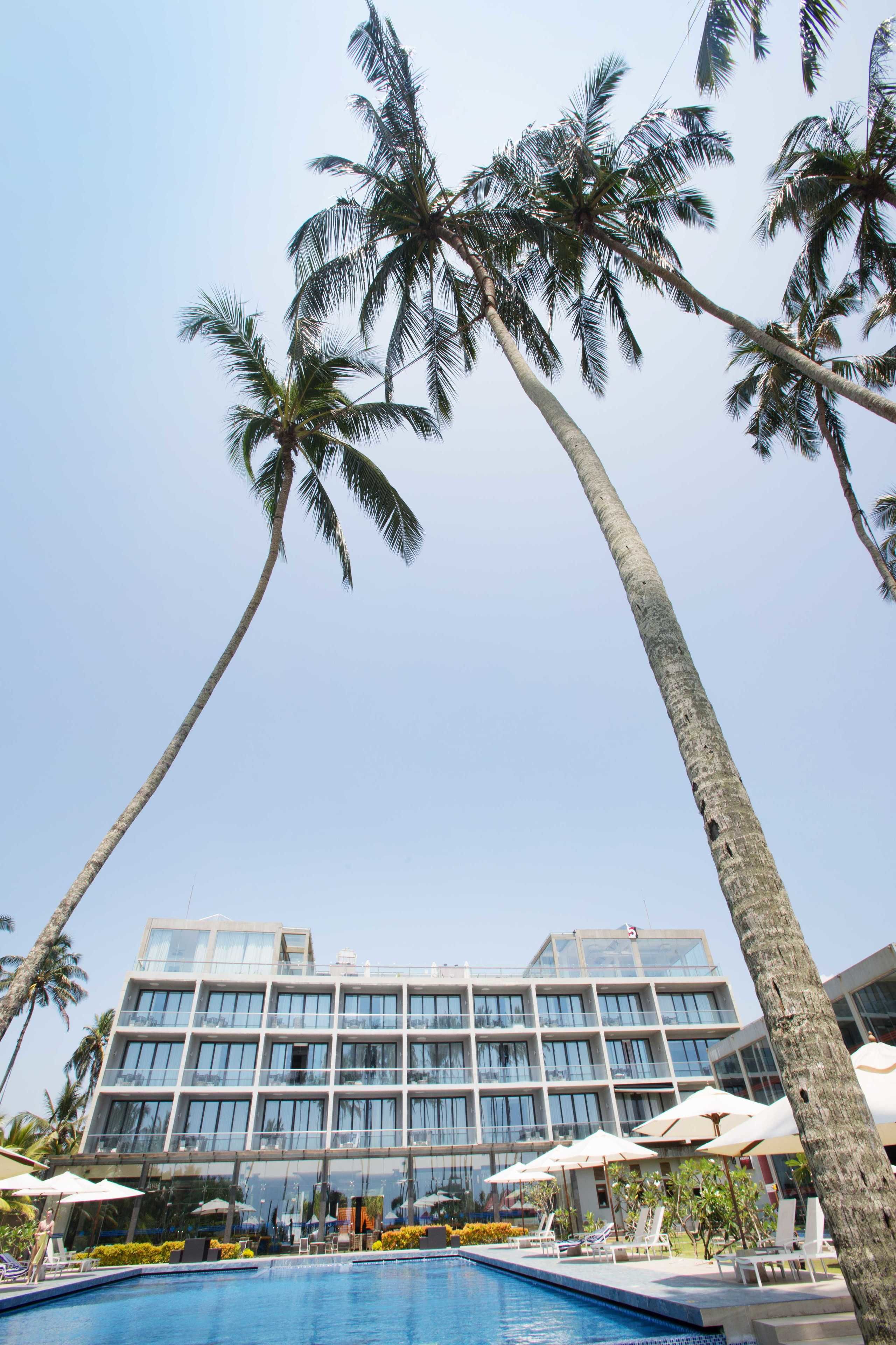 A hotel with a swimming pool, palm trees, and a modern building with balconies.
