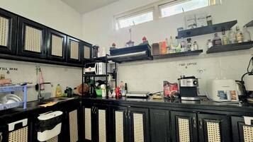 Fridge, microwave, coffee/tea maker, electric kettle