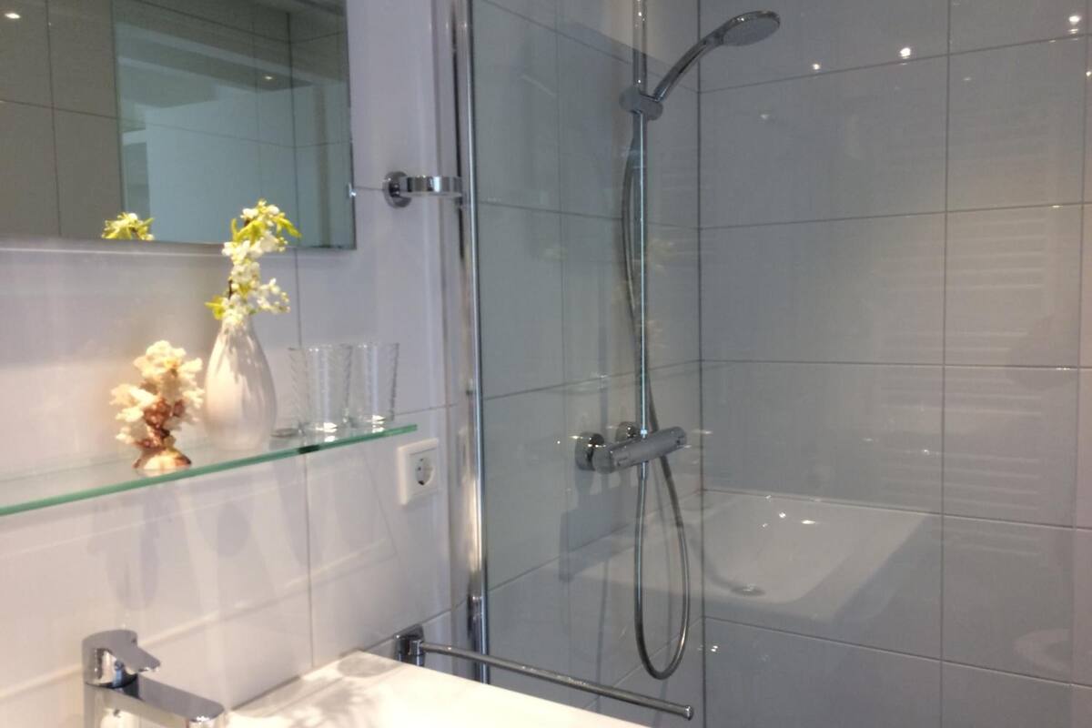 shower, free toiletries, hair dryer, towels