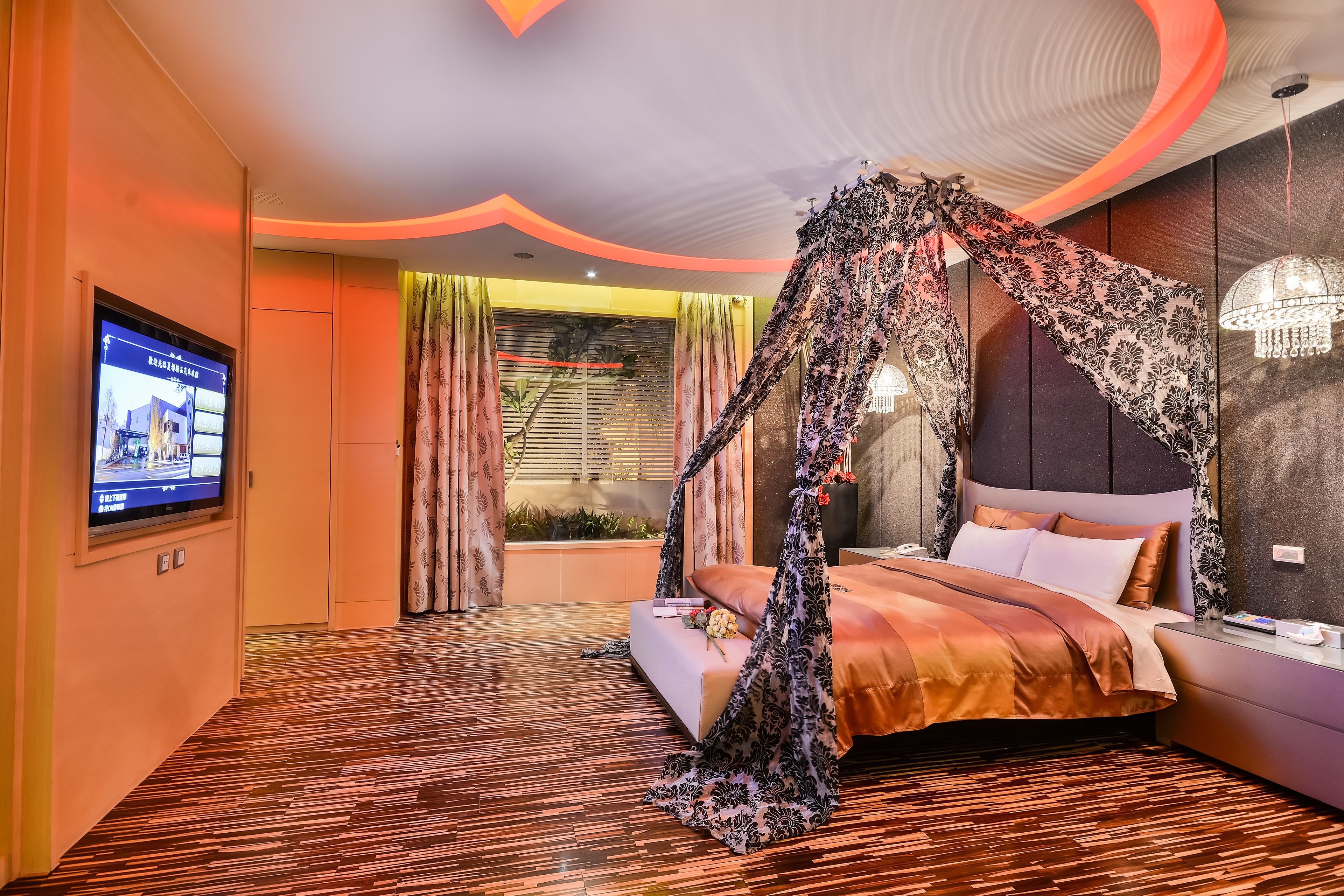A modern bedroom with a canopy bed, a television, and a view of the outdoors.