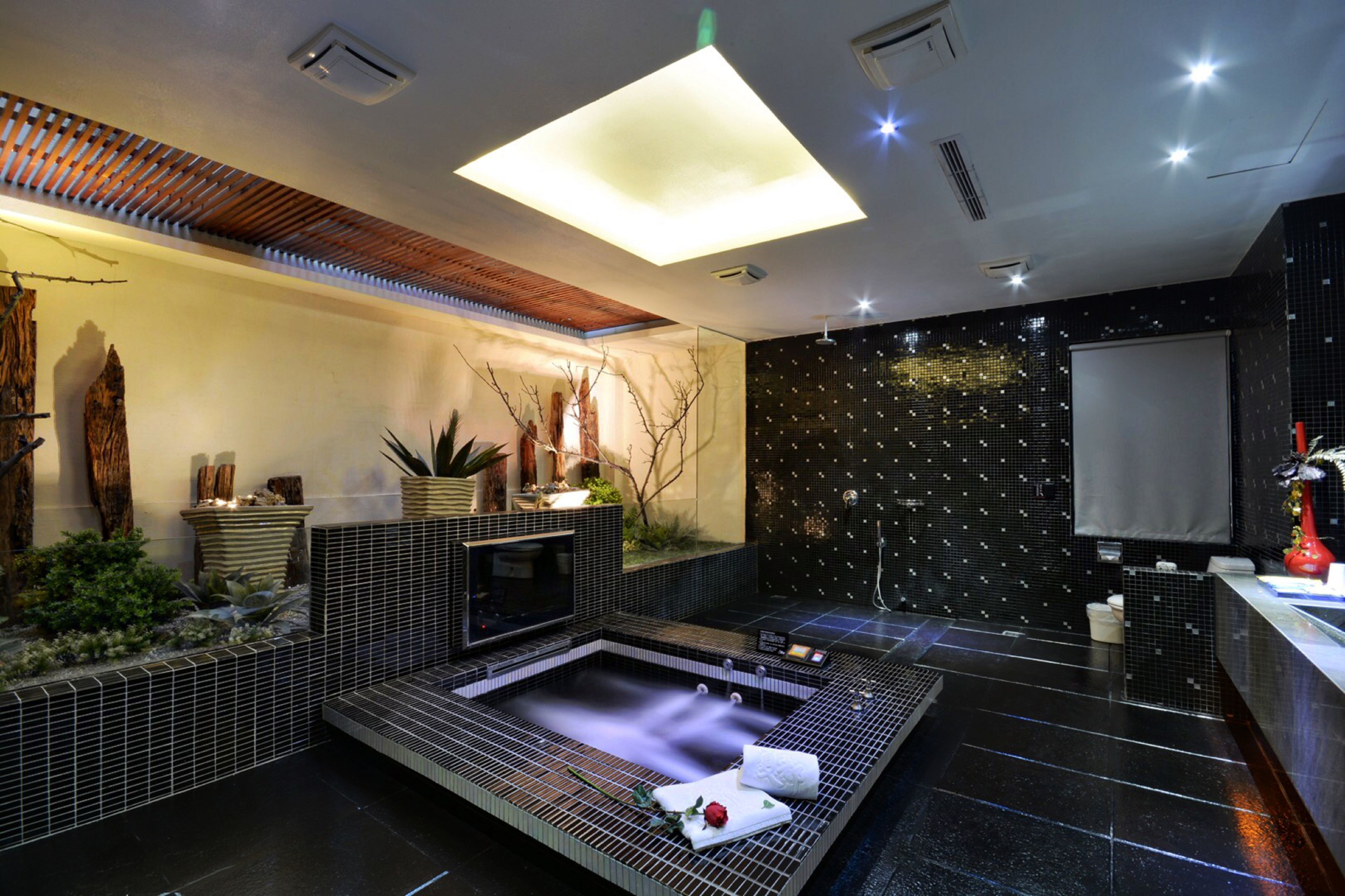 Hydromassage showerhead, free toiletries, hair dryer, slippers