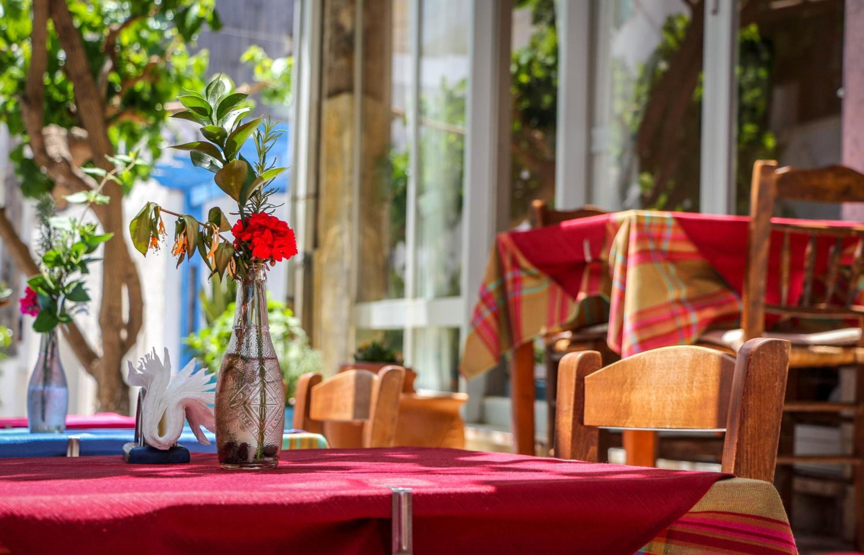 Una mesa al aire libre con mantel rojo, sillas de madera y un florero con flores rojas.