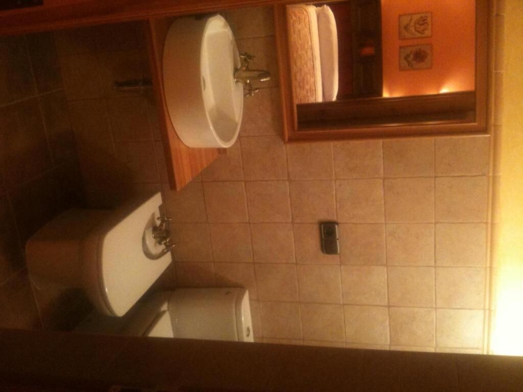 Een badkamer met toilet, wastafel en handdoekhouder.