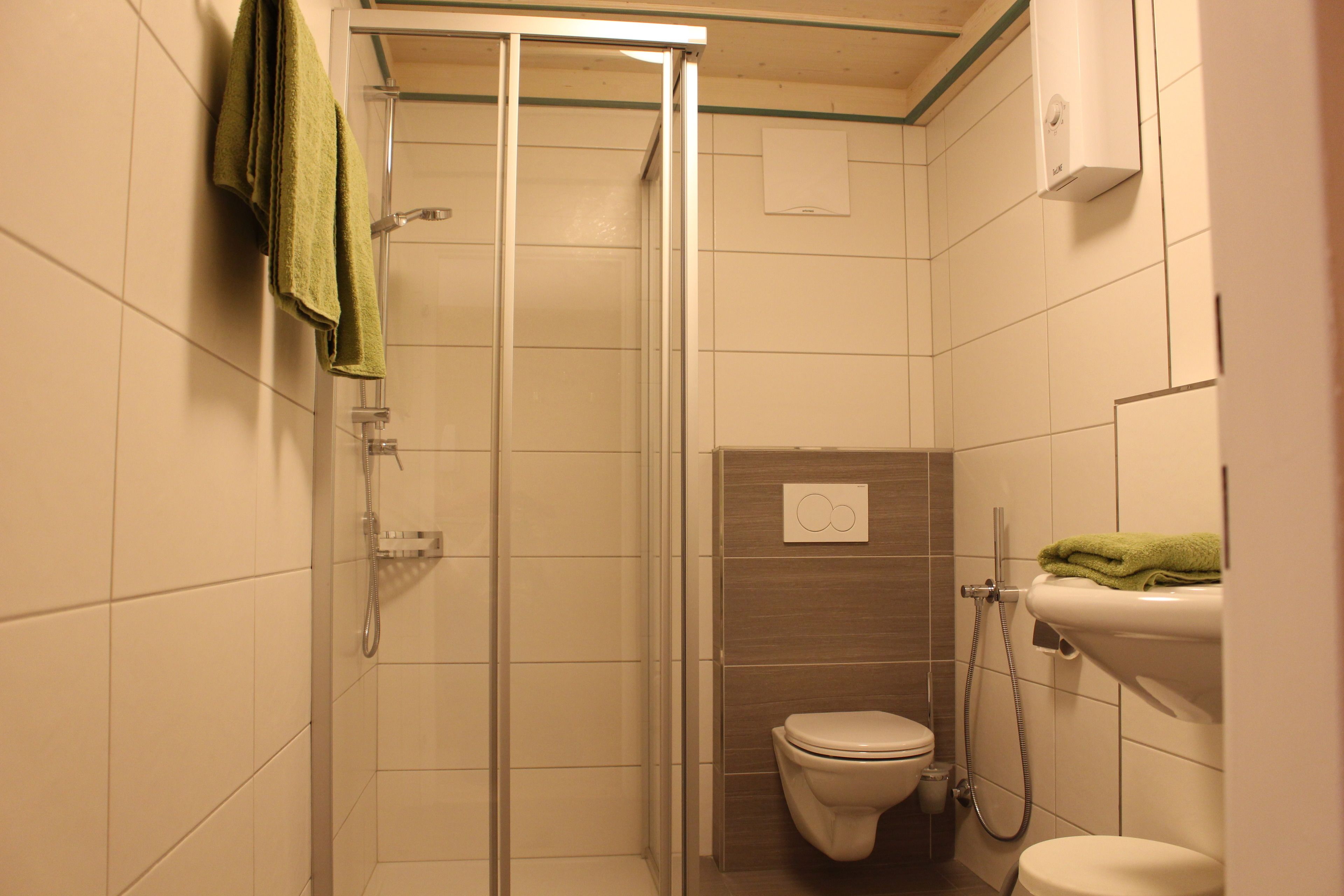 A small bathroom with a glass shower enclosure, a toilet, and a sink.