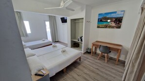 A hotel room with two beds, a desk, a chair, a TV, a painting, and a ceiling fan. - Hostal Sol de Mallorca. (Palma de Mallorca)