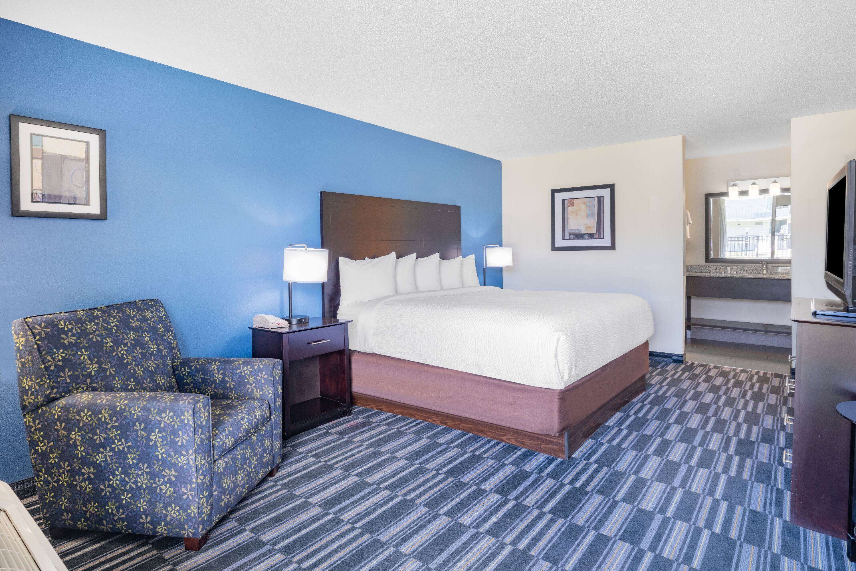 A hotel room with a large bed, a chair, a nightstand, and a television.