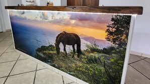 Ein Empfangsbereich mit einem großen Poster, das einen Sonnenuntergang und ein Pferd zeigt, einem hölzernen Empfangstresen und einer Karte an der Wand.