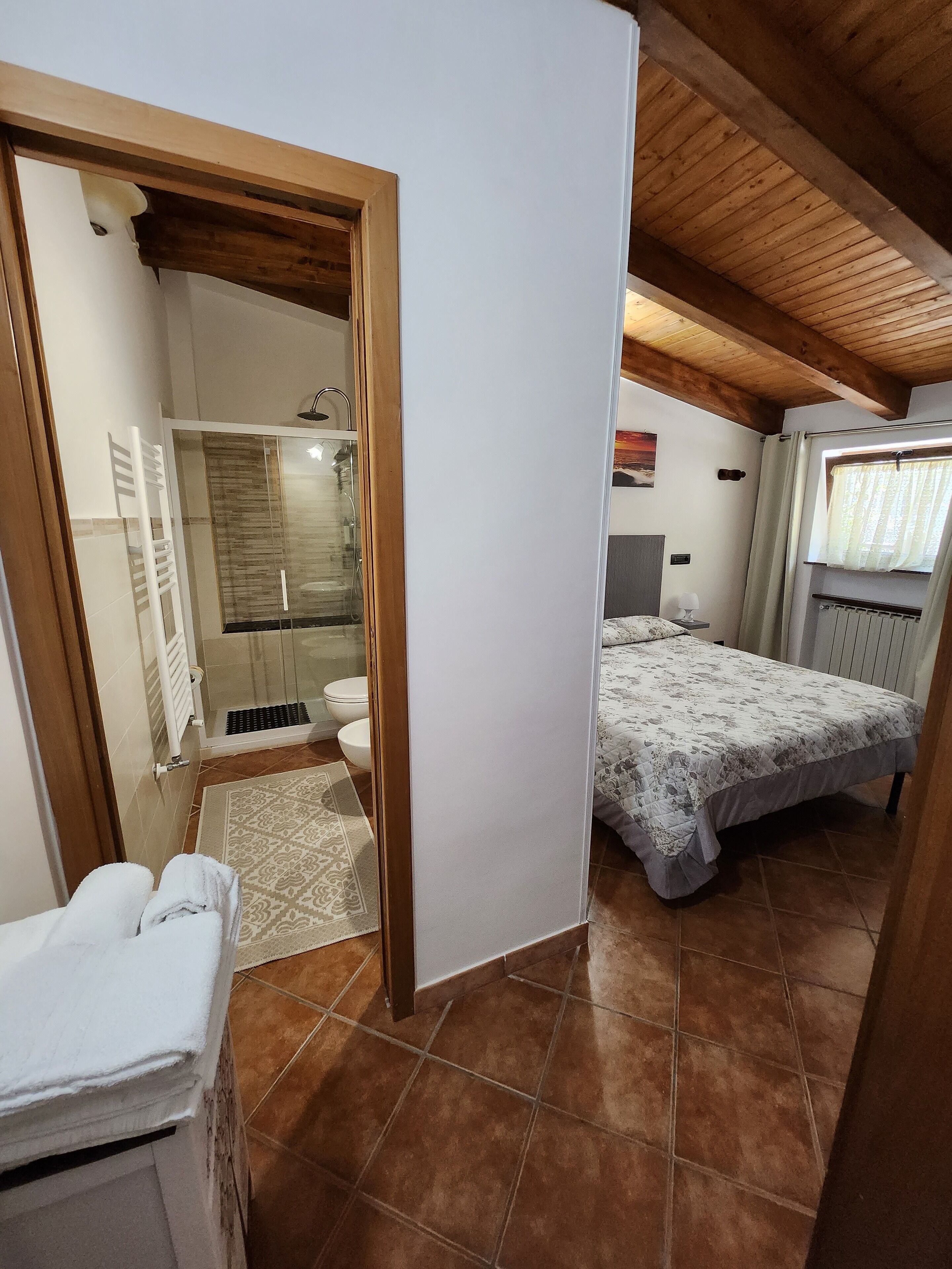 A bedroom with a bed, a bathroom with a shower, and a view of the outdoors.