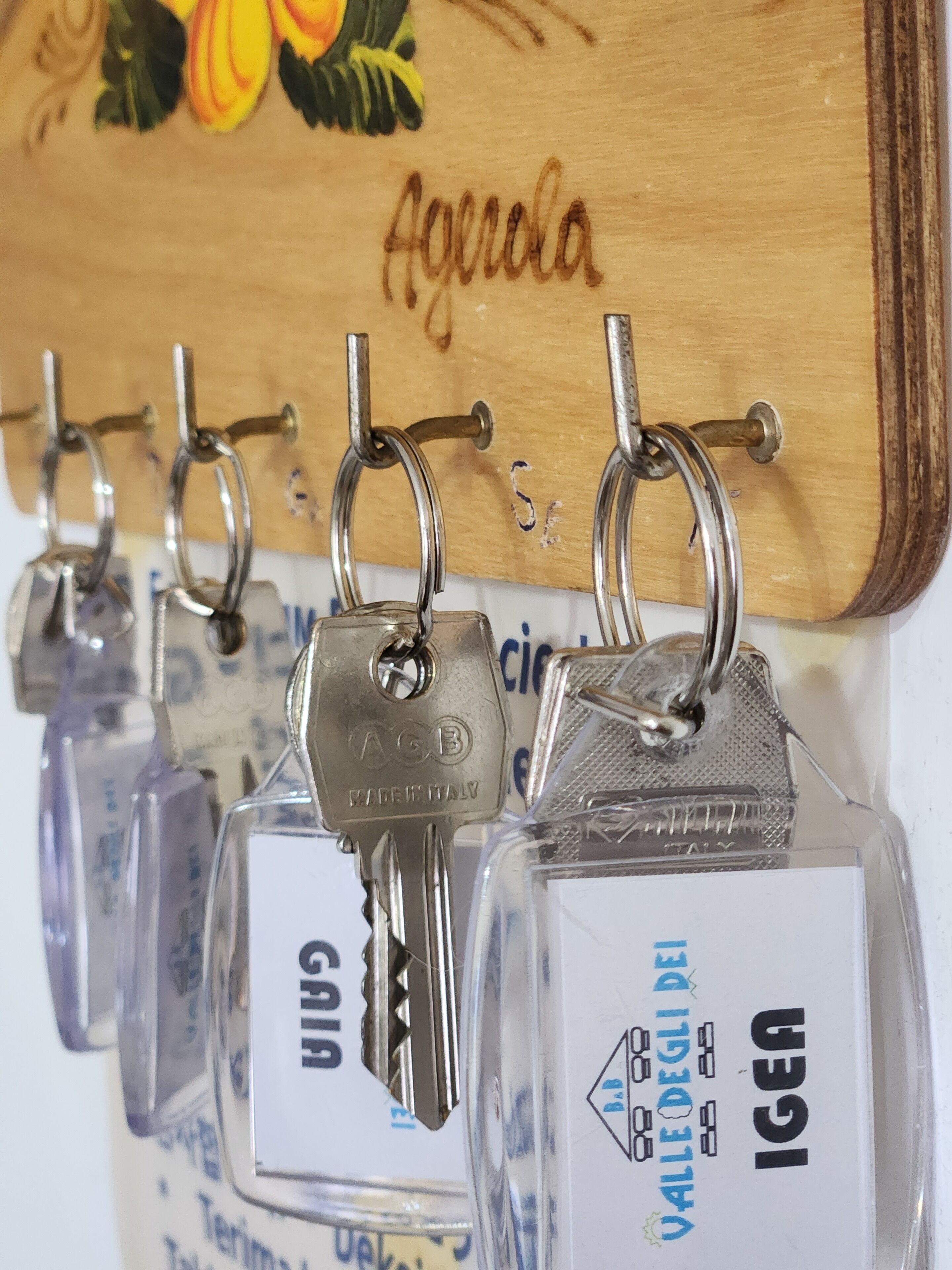 A set of keys hanging on a metal hook with labels that read "CAGB" and "IGEN".