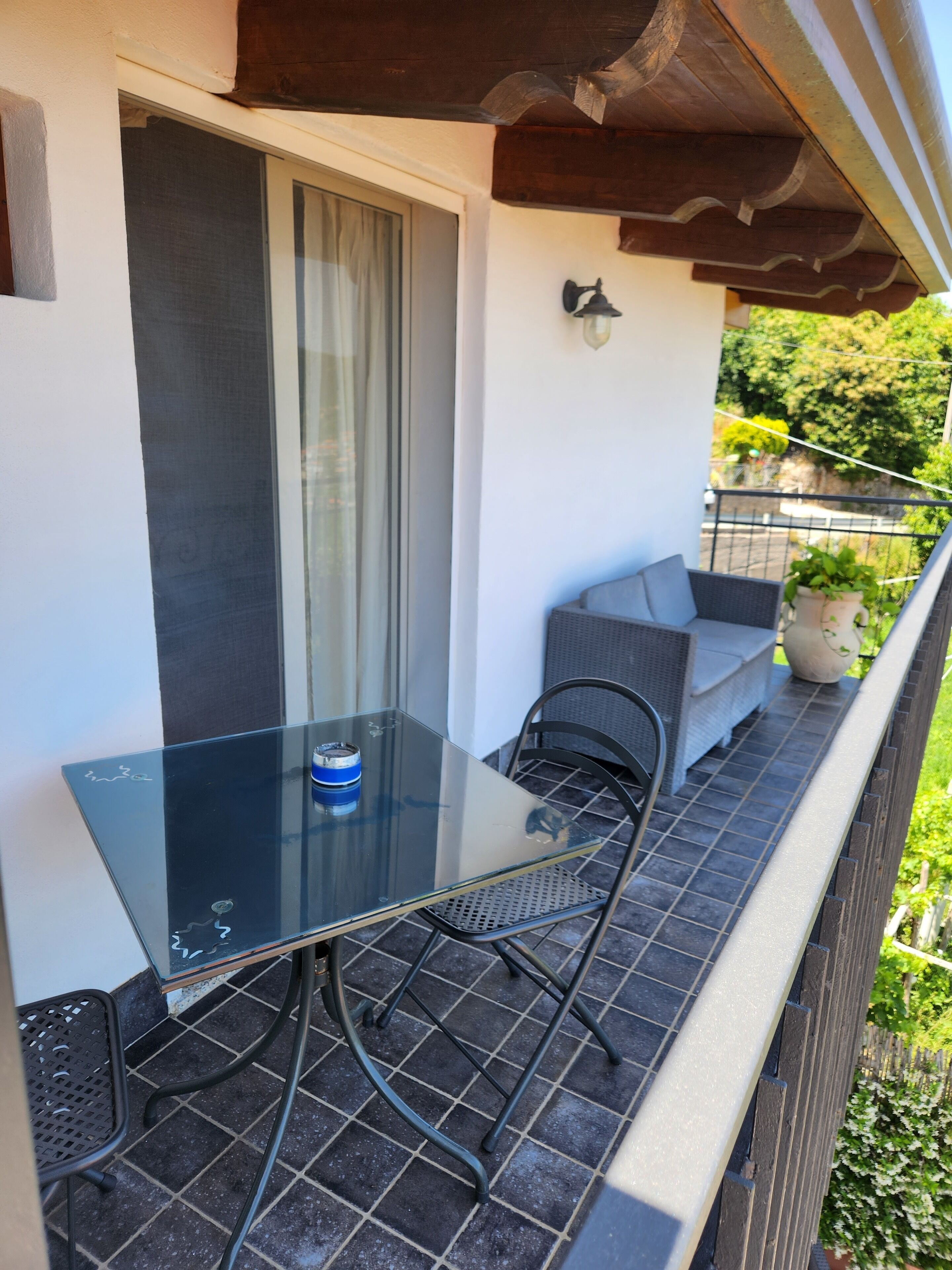 A balcony with a glass table and chairs, a potted plant, and a view of greenery.