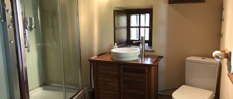 Un baño con ducha de vidrio, tocador de madera con lavamanos y un inodoro.
