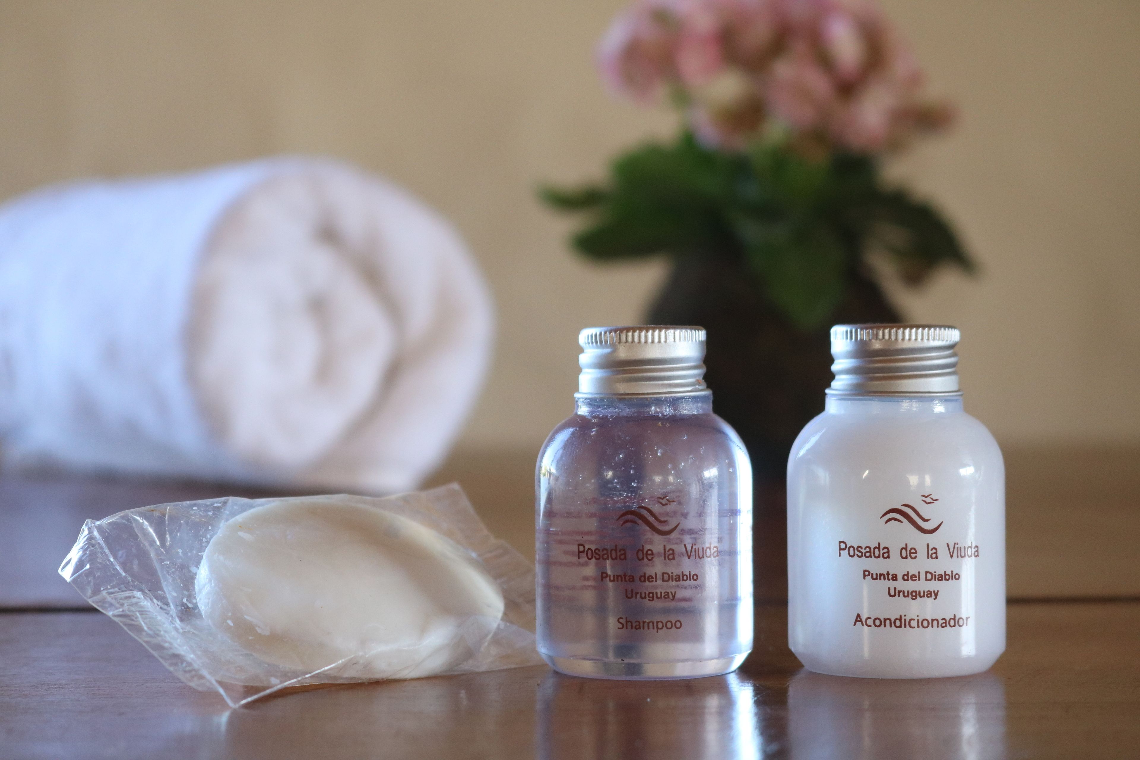 Deux bouteilles de shampoing et d’après-shampoing, un savon et une serviette enroulée, le tout posé sur une surface en bois.