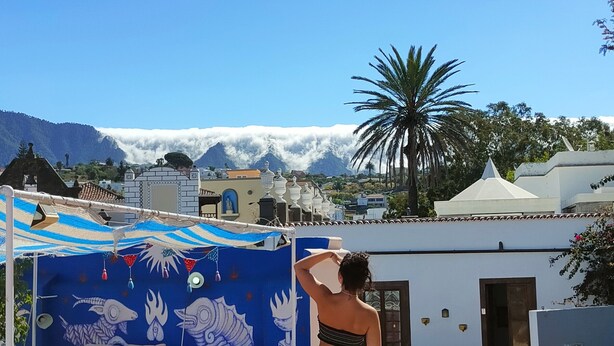 Un patio con un mural azul, mobiliario exterior y plantas en macetas.