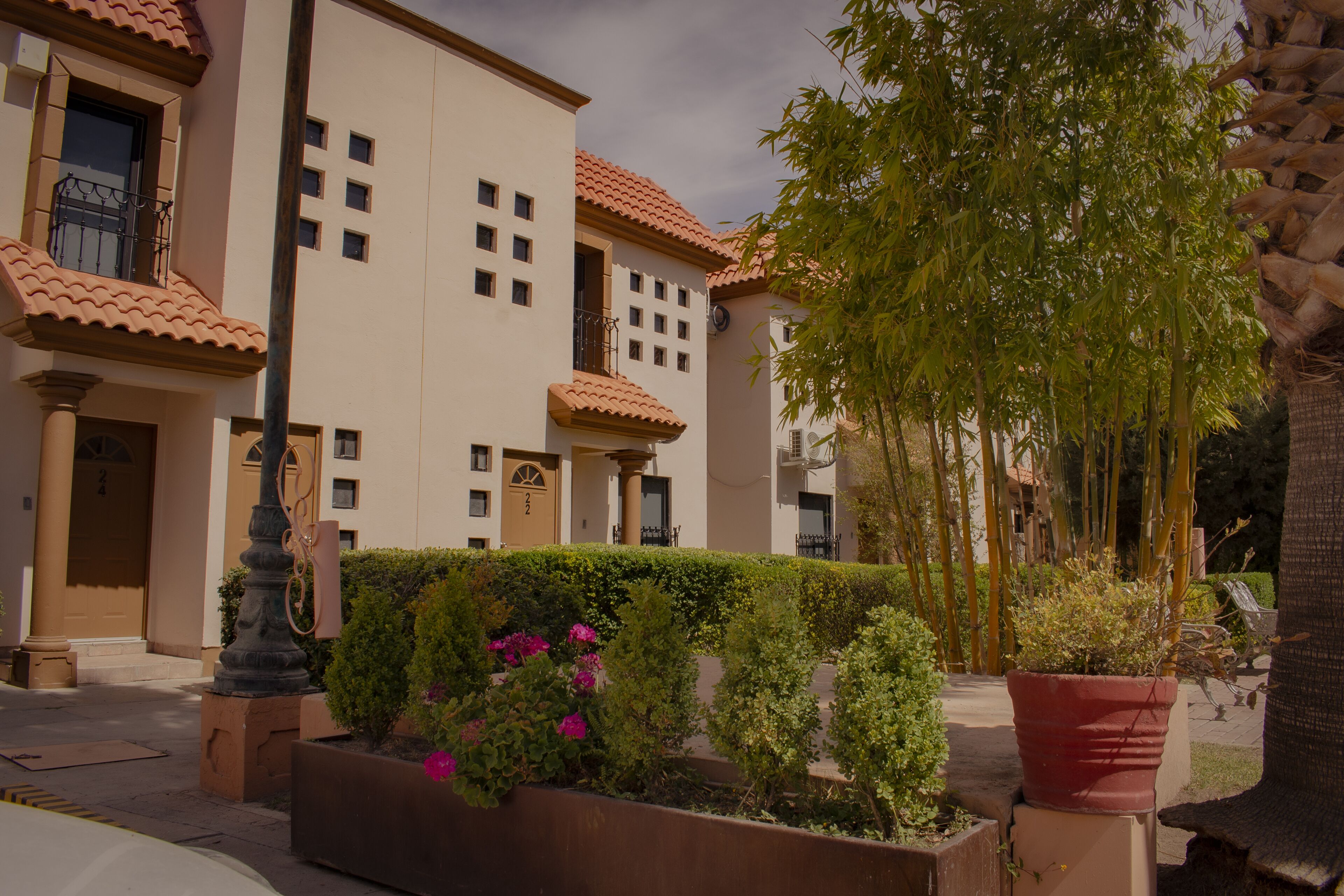 A building with a beige facade, red-tiled roof, and multiple windows. There are potted plants and a tree in the foreground.