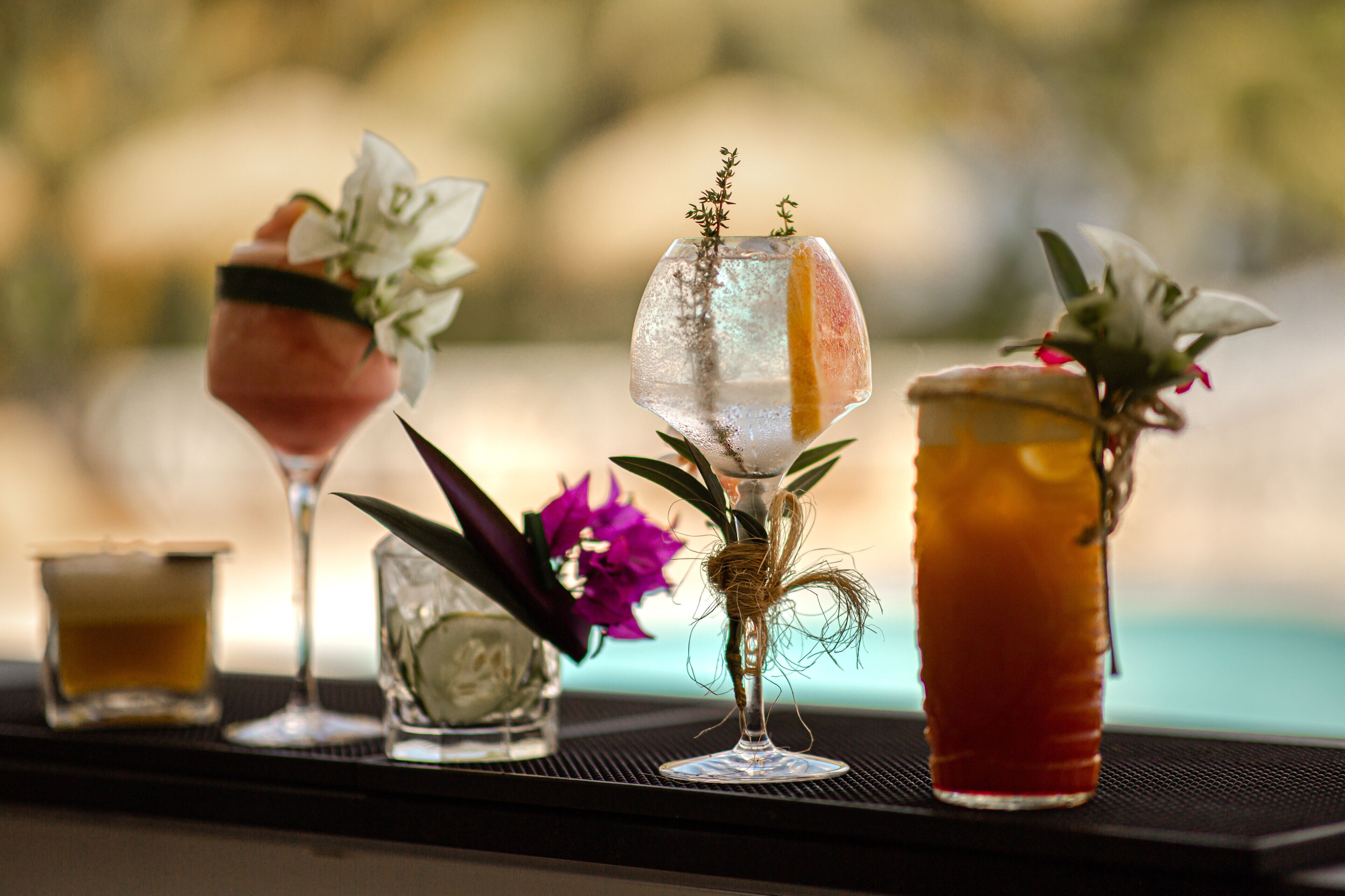 Un coin bar avec un choix varié de boissons et un petit vase avec des fleurs.