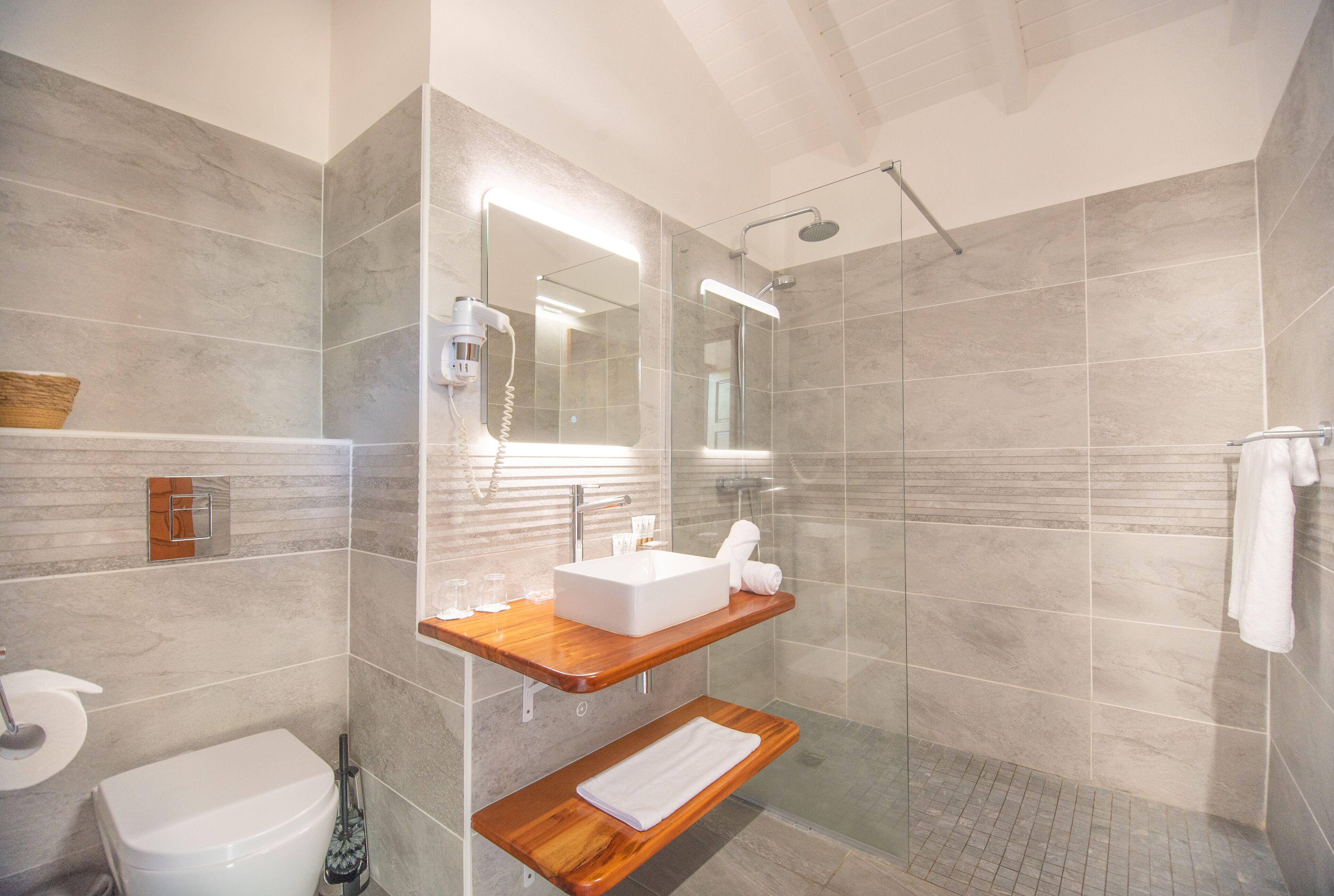 Une salle de bain moderne avec une douche à parois de verre, un meuble-lavabo en bois et des toilettes.