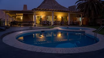 Indoor pool, outdoor pool, pool loungers