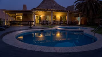 Indoor pool, outdoor pool, sun loungers