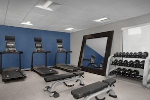 A gym with treadmills, a bench, dumbbells, and a mirror. - Hampton Inn & Suites St. Louis/Alton (Alton)