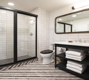 Shower, free toiletries, hair dryer, towels