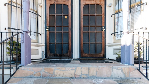 A stone staircase leading to a wooden door with glass panels, flanked by metal railings and a potted plant.