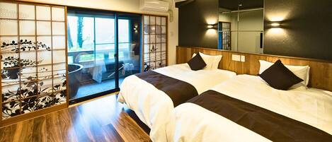 Premium suite japanese western room with open-air bath, Smoking | Premium bedding, desk, free WiFi, bed sheets