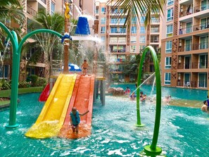 Outdoor pool, a heated pool, pool loungers