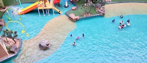 Outdoor pool, a heated pool, pool loungers