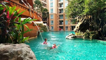 Outdoor pool, a heated pool, sun loungers