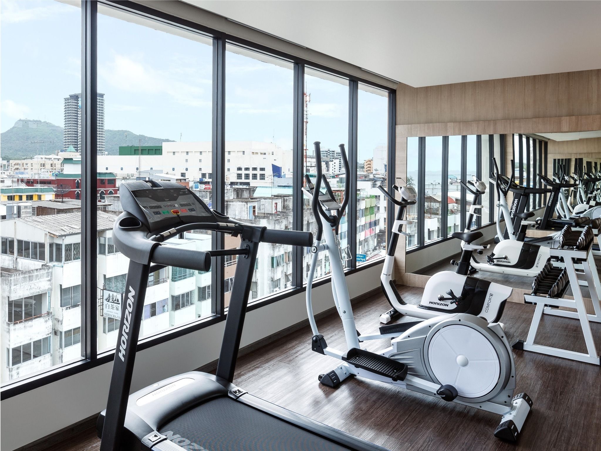 A gym with various exercise equipment, large windows, and a view of buildings and mountains.