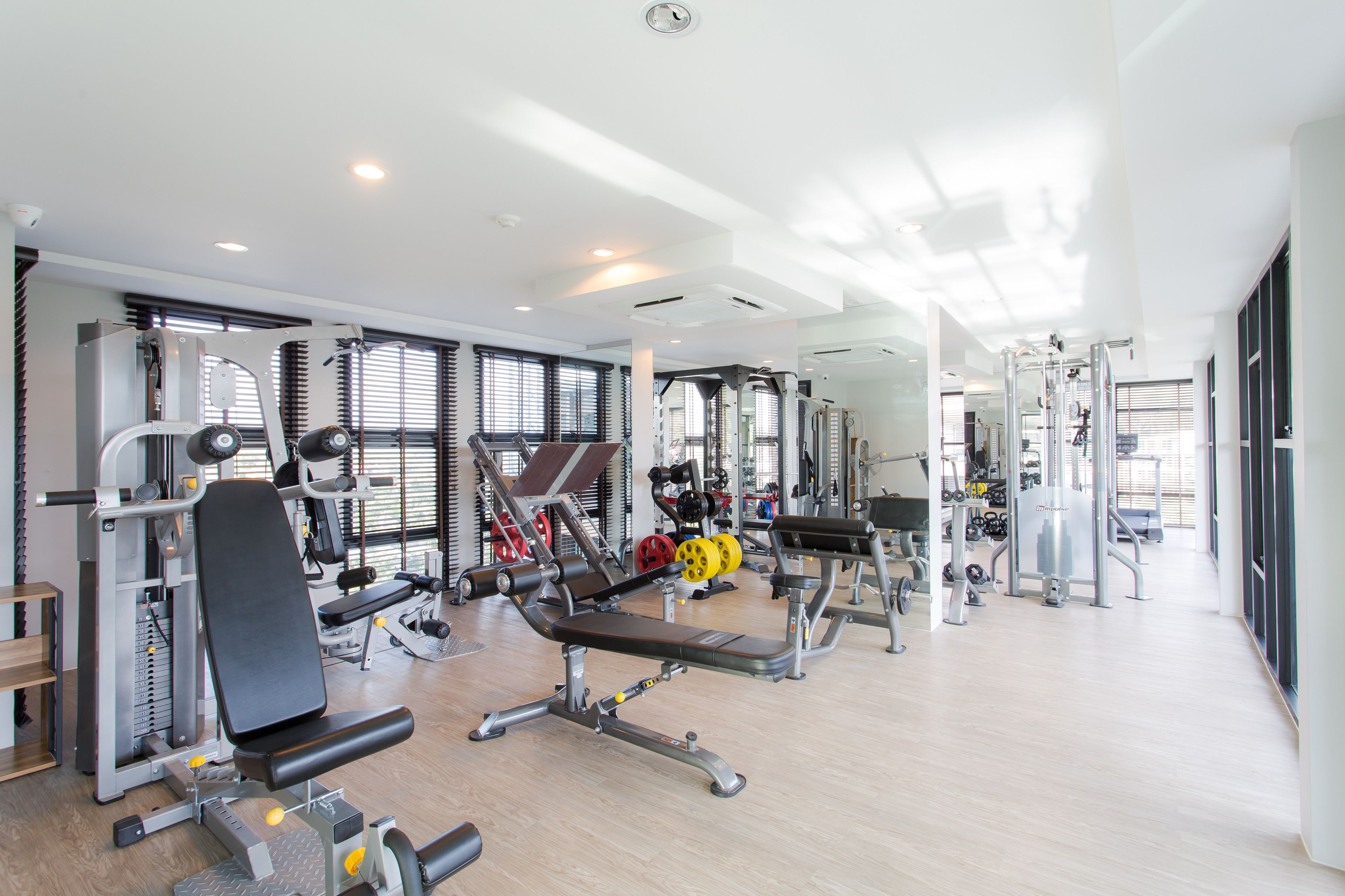 Un gimnasio moderno con diversos equipos de ejercicio, ventanas amplias y una distribución limpia y espaciosa.