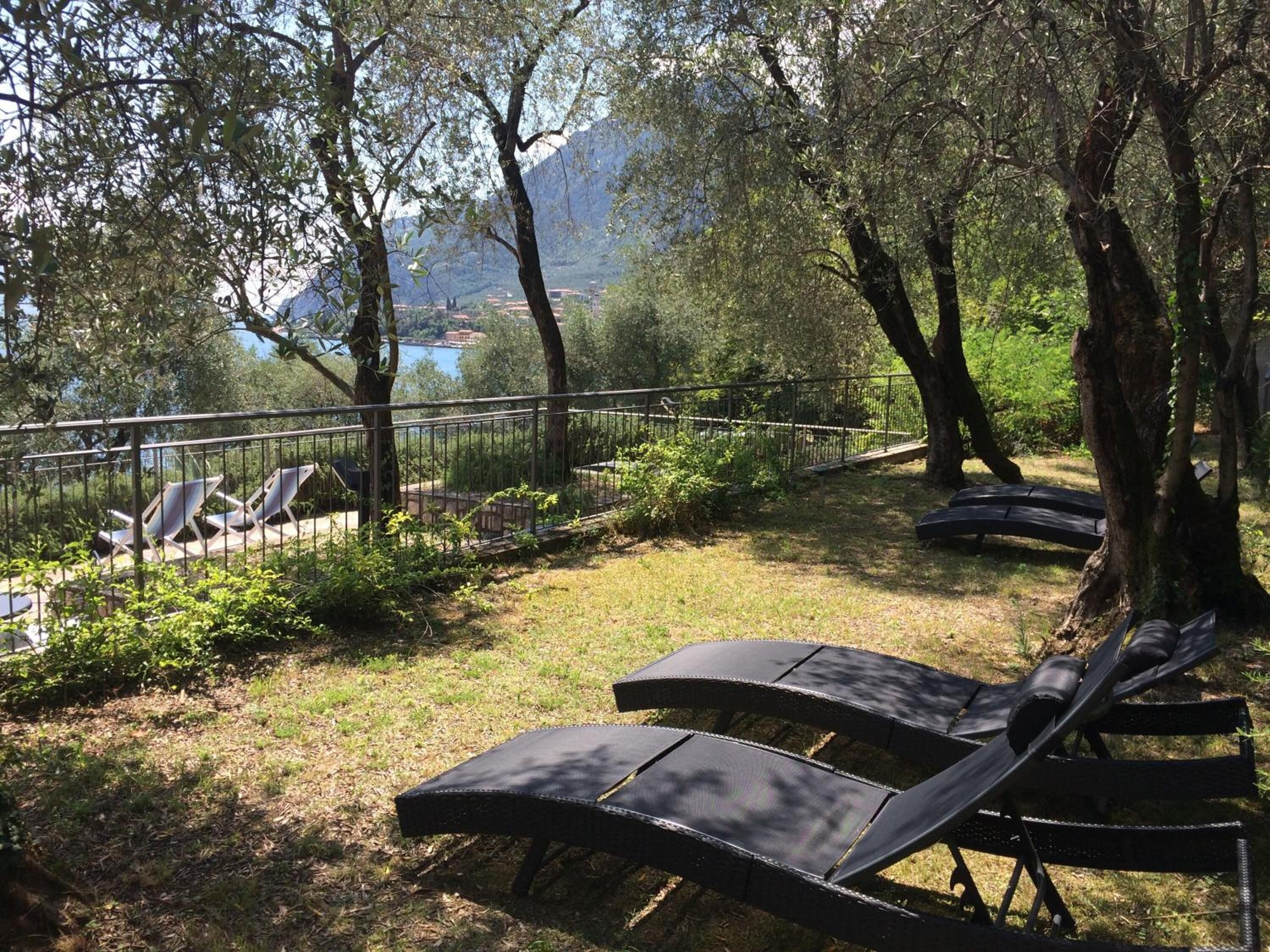 A serene outdoor seating area with lounge chairs and a view of a lake and mountains.